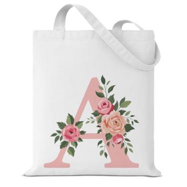 Imagem de Sacola de lona com inicial personalizada para mulheres, meninas, presente com monograma, floral, uma letra, reutilizável, bolsa de ombro para compras, compras, compras, viagens, trabalho, praia