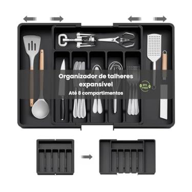 Imagem de Porta Talheres Expansível de 33cm a 57cm, Organizador Grande Para Gaveta Bandeja Ajustável, Preto Polipropileno, 8 Divisórias, Design Moderno Multiuso Ideal para Cozinha.