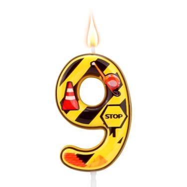 Imagem de Vela de aniversário de construção, velas com números de feliz aniversário, topo de bolo para decoração de festa de aniversário com tema de construção (número 9)