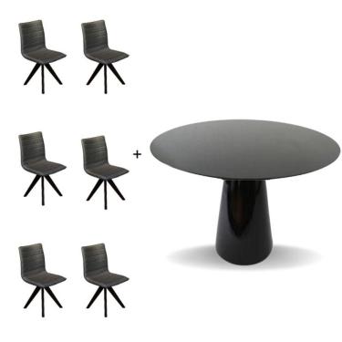 Imagem de Conjunto Mesa De Jantar Cone 140 Cm Laca Preta Com Cadeiras Cercatto Giratória Revestida Em Tecido Linho Cinza Chumbo Cor Preto