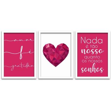 Imagem de Quadros Decorativos 3 Pçs 20x30 Coração Rosa Moldura Branca