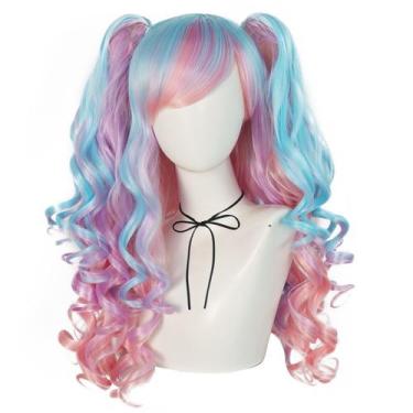 Imagem de Peruca azul pastel rosa roxa encaracolada 65 cm com caudas gêmeas 26 p