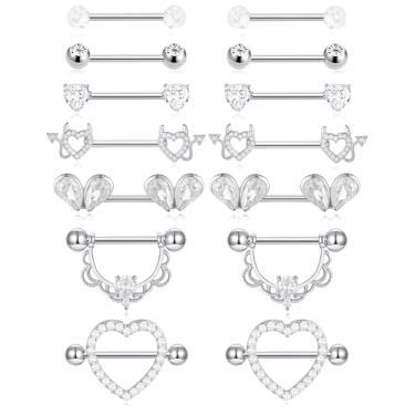 Imagem de Ofeiyaa 7 pares de anéis de mamilo para mulheres de aço inoxidável 14G rosa CZ coração diabo bola acrílica barra reta barra de mamilo conjunto de anéis de língua bonito piercing piercing joia tom