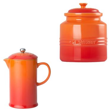 Imagem de KIT LE CREUSET PRENSA FRANCESA E POTE DE BISCOITO 2,4L EM CERÂMICA LARANJA