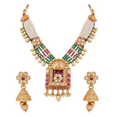 Imagem de I Jewels Colar de pérolas com motivo Lakshmi de latão antigo de Bollywood indiano banhado a ouro com brinco conjunto de joias para mulheres (MC217G)