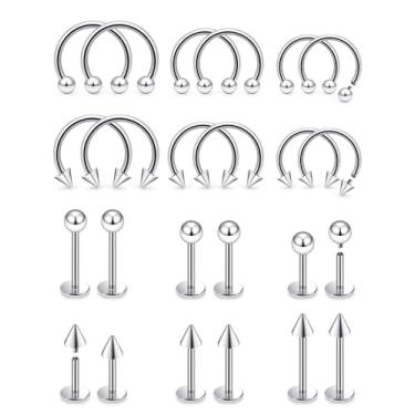 Imagem de Dyknasz Anéis labiais de aço cirúrgico com rosca interna, joias de vários tamanhos, anéis de ferradura de nariz, septo, ferradura, argola de cobra, piercing de mordida de cobra, joia para mulheres e