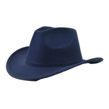 Imagem de Chapéu masculino unissex de feltro de aba rolante ocidental adequado para uso diário casual chapéu de cowboy ocidental azul marinho tamanho único