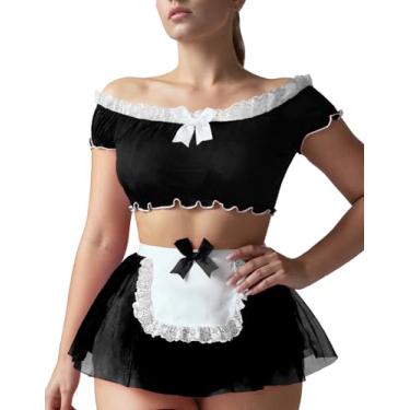 Imagem de Panegy Conjunto de lingerie de empregada para mulheres, roupas de pelúcia impertinentes, ombros de fora, avental, fantasia de renda, lingerie preta, G