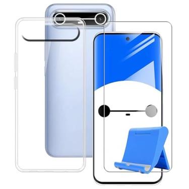 Imagem de Capa para celular Tecno Pova Slim 5G (6,7 polegadas) + vidro temperado, à prova de choque, capa de silicone macio antiarranhões transparente + protetor de tela de dureza 9H com suporte de telefone