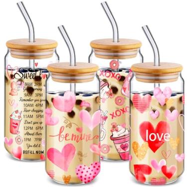 Imagem de Sliner 4 Pçs 510 g Copos de Vidro de Dia dos Namorados Café Gelado Frasco de Mason Coração Lata Caneca de Dia dos Namorados com Tampa e Palha Copo de Dia dos Namorados Garrafas de Água Garrafas de