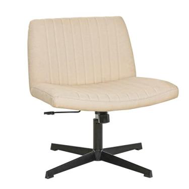 Imagem de FDW Cadeira cruzada, sem braços, pernas cruzadas, cadeira de escritório, ajustável, giratória, ergonômica, sem rodas, encosto em forma de U com assento largo, esponja nativa, cadeira de vaidade para