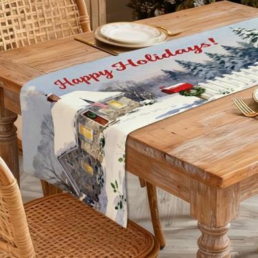 Imagem de Caminho de mesa de Natal 33 x 91 cm - Decoração de mesa de jantar de cozinha de inverno para decoração de casa, Happy Holidays, casa com neve, caixa de correio festiva e pinheiros para decoração de