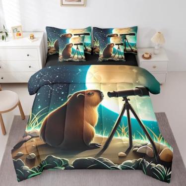 Imagem de Lindo conjunto de edredom solteiro capivara com lençóis, lua e céu estrelado, 7 peças, estampa de vida selvagem, cama em uma bolsa, adorável decoração natural com tema safári, decoração de galáxia