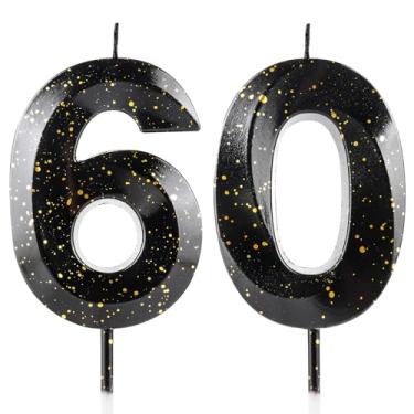 Imagem de Número 60 velas de aniversário de 60 anos 3D ouro preto vela feliz aniversário cera premium e design de diamante 3D decorações de topo de bolo para festa de aniversário, casamento, aniversário