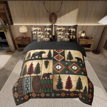 Imagem de Feelyou Conjunto de edredom solteiro com urso, para crianças, meninos, meninas, rústica, 7 peças, temática de caça, animais selvagens, decoração de quarto de fazenda, marrom oliva e microfibra leve