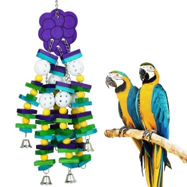 Imagem de Brinquedos de papagaio de pássaro grande com sinos - brinquedo de mastigar gaiola de papagaios presente com blocos de madeira coloridos - palitos de mastigar papagaios de pássaro para cacatuas, araras