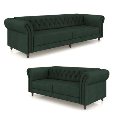 Imagem de Conjunto De Sofá Stanford Chesterfield 2 E 3 Lugares 180cm-260cm Pés Madeira Couro Verde G58 Gran Belo