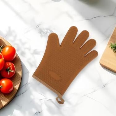 Imagem de Generic 1 luva de forno com borda desossada de 5 dedos luva de forno apenas lavagem à mão agulha de silicone algodão marrom 27,5 x 20,5 cm