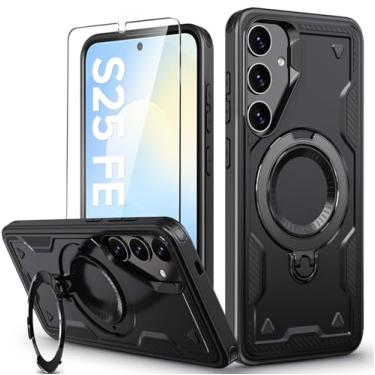 Imagem de Capa magnética para Samsung Galaxy S25 FE com suporte, com Mag-Safe, com protetor de tela, carregamento sem fio, à prova de choque para Samsung S25 FE 5G, capa de telefone com suporte de anel (preto)