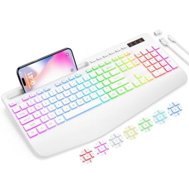 Imagem de SABLUTE Teclado sem fio com 9 efeitos retroiluminados, descanso de pulso, suporte de telefone, teclados ergonômicos sem atrasos de 2,4 G, recarregável, silencioso, sem fio, para computador, laptop