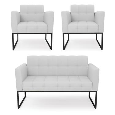 Imagem de Kit 1 Sofá Namoradeira e 2 Poltronas Elisa Linho Cinza A05 Base Metálica Industrial Preto D03 - D'Rossi