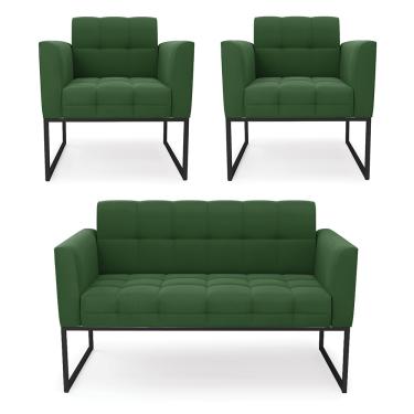 Imagem de Kit 1 Sofá Namoradeira e 2 Poltronas Elisa Suede Verde Base Metálica Industrial Preto D03 - D'Rossi