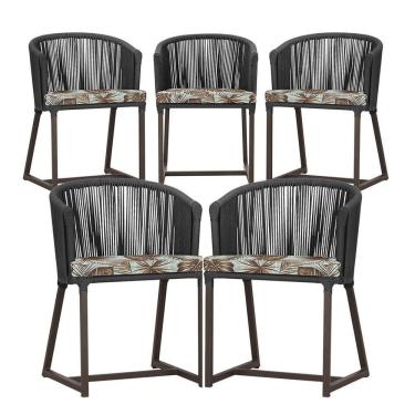 Imagem de 5 Cadeiras De Jantar Noronha Marrom Corda Náutica E6 Trama Preto