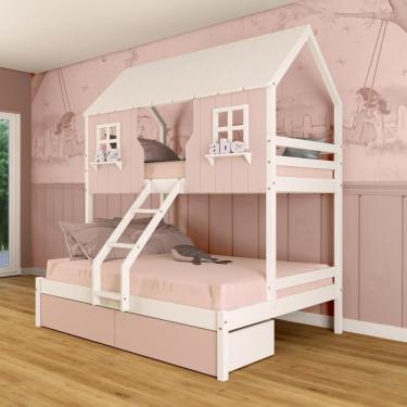 Imagem de Beliche Casal/ Solteiro Casinha Encantada Com 02 Gavetas Madeira Maciça Rosa/ Branco Megamobilia