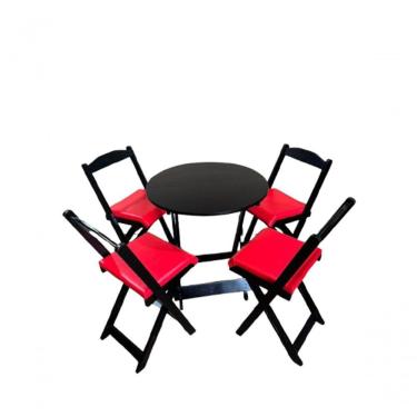 Imagem de Conjunto Mesa Dobrável Com 4 Cadeiras Redonda Preto Estofado Vermelho