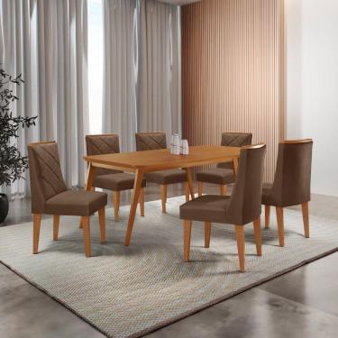 Imagem de Mesa De Jantar Copper 180cm Tampo Com 6 Cadeiras Moderna Veludo Marrom/naturalle/naturalle