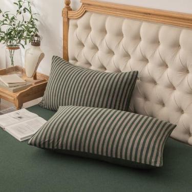 Imagem de PURE ERA Fronhas de malha jersey 100% algodão super macio confortável respirável, conjunto de 2, King 50,8 cm x 91,4 cm, listra verde floresta