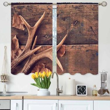 Imagem de Gpiaoyfo Antlers Cortinas de cozinha marrom folhas de inverno velhas tábuas de madeira rústicas cortinas de camada curta para banheiro café cortinas de janela pequenas tratamento 2 painéis (27,5 x 39
