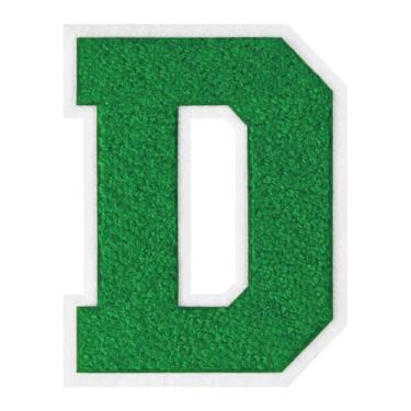 Imagem de 1 peça de patch de letra de chenille verde de 15 cm com borda branca – adesivos do alfabeto para roupas, jaquetas, mochilas, chapéus para decoração personalizada, nome personalizado e artesanato. (D)