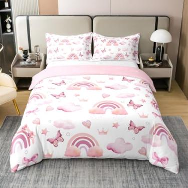Imagem de Castle Fairy Capa de edredom 100% algodão rosa borboleta, estampa de arco-íris de nuvem, tamanho solteiro para decoração de quarto de crianças, conjunto de cama de estilo fofo e doce, macio, todas as
