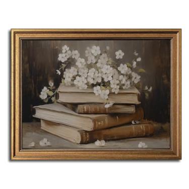 Imagem de Arte de parede emoldurada a ouro arte de parede em tela vintage livros e flores sombrias decoração academia impressão de arte imagem para sala de estar quarto fazenda banheiro decoração de escritório