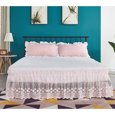 Imagem de Swing Penguin Saia de cama elástica de tule de renda floral, princesa, babados, envoltório de cama, fácil ajuste, poeira, quatro estações, rosa completo