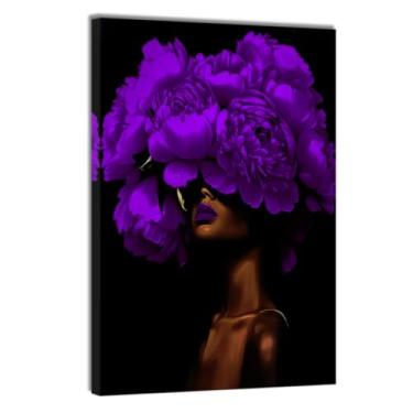 Imagem de DOARTDO Arte de parede afro-americana com flores na cabeça, pintura em preto e roxo, impressões em tela de retrato de mulheres negras para quarto decoração de casa emoldurada (roxo, (61 cm x 91 cm)