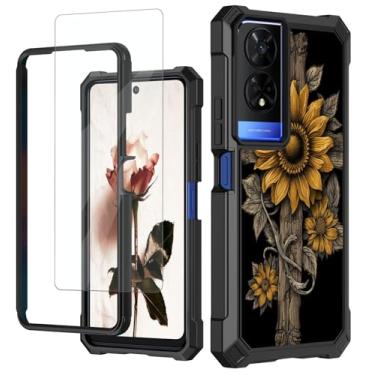 Imagem de RAUEDWDJS Capa para TCL 50 XE 5G com protetor de tela temperada, PC rígido resistente e TPU macio à prova de choque capa protetora para celular para TCL 50 XE, cruz de girassol