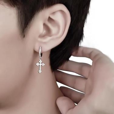 Imagem de Brincos com pingente de cruz de diamante, brincos de argola masculinos hip hop com design de cruz