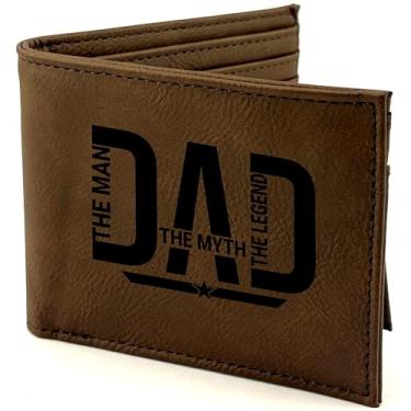 Imagem de Carteira masculina de couro sintético com nome personalizado | Carteira dupla fina gravada a laser personalizada para homens com flip ID para contas, cartões | Presentes personalizados de dia dos pais