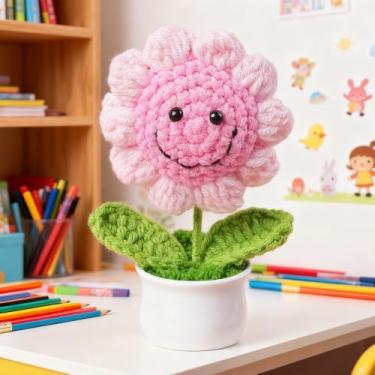 Imagem de Vaso de flores de crochê, vaso de girassol de crochê feito à mão, flores em vasos pequenos, ideais para mesas de casa, varanda, quarto e presente (girassol rosa)