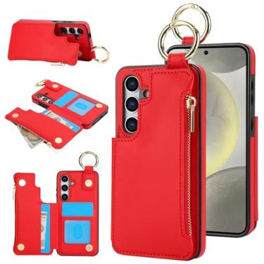 Imagem de Capa carteira para Samsung Galaxy A16 5G, 3 compartimentos para cartão, 1 bolso com zíper, suporte de fecho magnético com suporte de anel à prova de choque com bloqueio de RFID (vermelha)