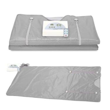 Imagem de HGTRH Cobertor de sauna portátil, sauna pessoal 2 zonas para relaxamento doméstico com proteção de corte elétrico design aberto com zíperes de braço 35-80 ℃ fio de aquecimento de fibra de carbono