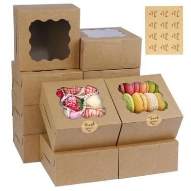 Imagem de WINKIO 12 caixas de biscoito com janela, 15 x 15 x 7 cm, para padaria, sobremesa, pastelaria, mini bolo, lembrancinha de rosquinha (marrom, com adesivos)