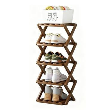 Imagem de SPXMQSS Sapateira dobrável de bambu, sapateira portátil de madeira, armário de sapatos de pé livre, prateleira de armazenamento multifuncional para entrada no quarto, sem instalação, marrom escuro, 5
