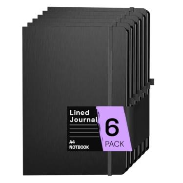 Imagem de ONAVIA Caderno de capa dura pautado papel diário 80GSM - preto, tamanho A4, pacote com 6