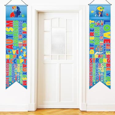 Imagem de Blulu 2 peças de decoração de conscientização do autismo peças coloridas de quebra-cabeça fita faixa de conscientização do autismo sinal de varanda sinal terapeuta saúde mental coragem fé banners de