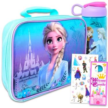 Imagem de Conjunto de lancheira e garrafa de água Disney Frozen para crianças – Pacote com artigos escolares Elsa e Anna, conjunto de adesivos e mais (lancheira Disney para meninas)