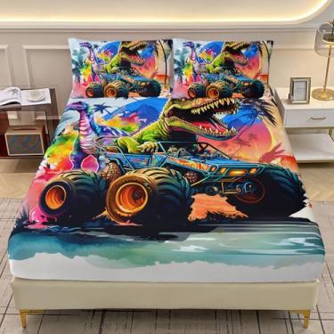 Imagem de AILONEN Jogo de lençol solteiro com desenho animado de dinossauro, tamanho GG, caminhão, animal kawaii, para crianças, meninos, vida selvagem antiga + 2 fronhas, 3 peças