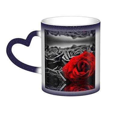 Imagem de Xícara de café divertida de rosas pretas brancas e vermelhas, copo de cerâmica que muda de cor sensível ao calor 12 Oz, para café/chá/leite/cacau, para adolescente/aniversário/festival/presentes
